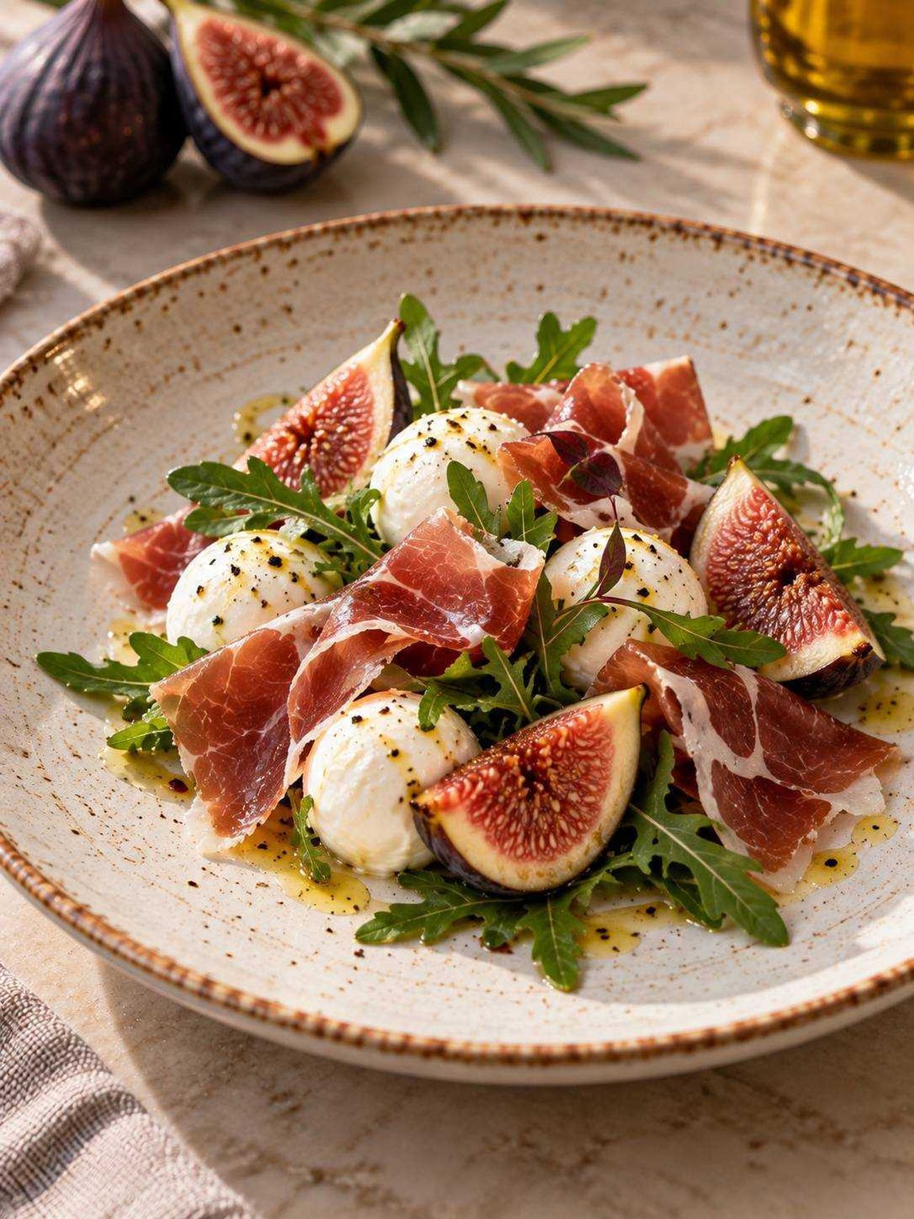 A salad of bocconcini, torn jamón, fresh fig and rocket in a citrus vinaigrette