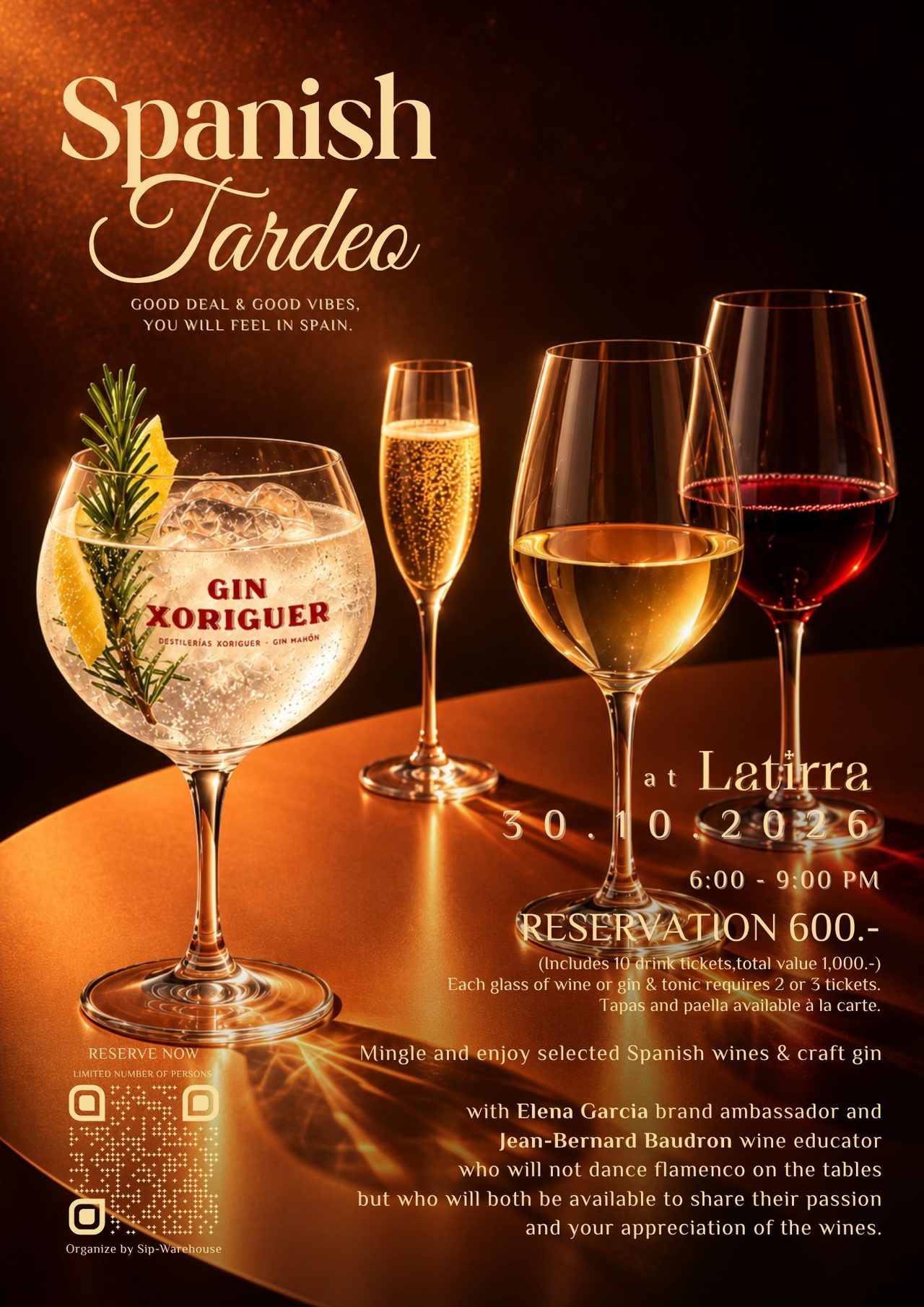 Spanish Tardeo poster: gin and tonic, cava and wine glasses on a copper table